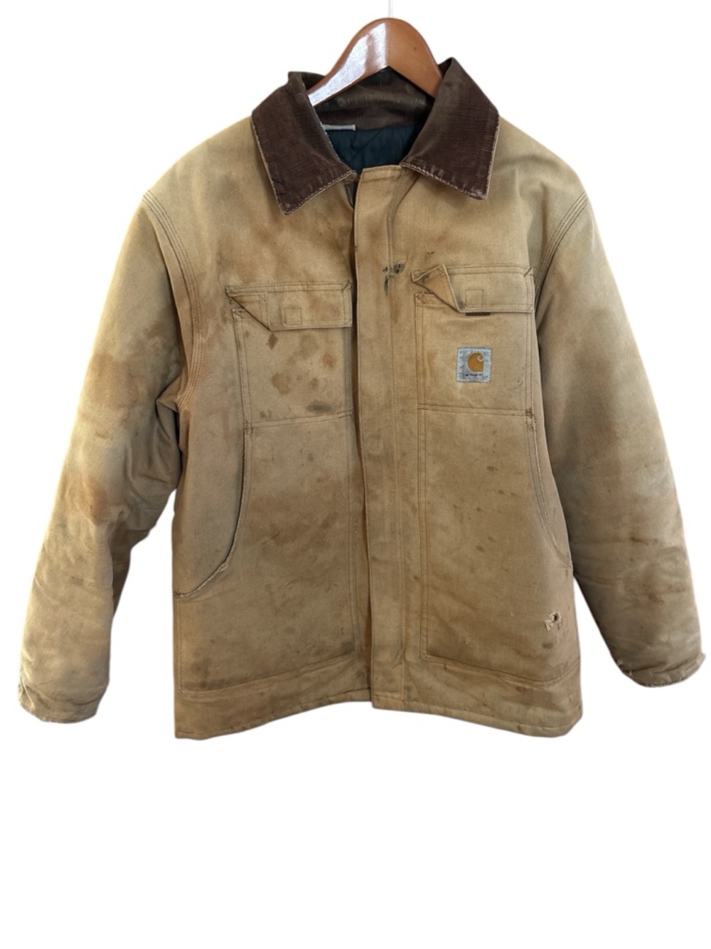 Carhartt Men’s Tan Canvas Field Jacket Brown Corduroy Collar Stains Quilted Read